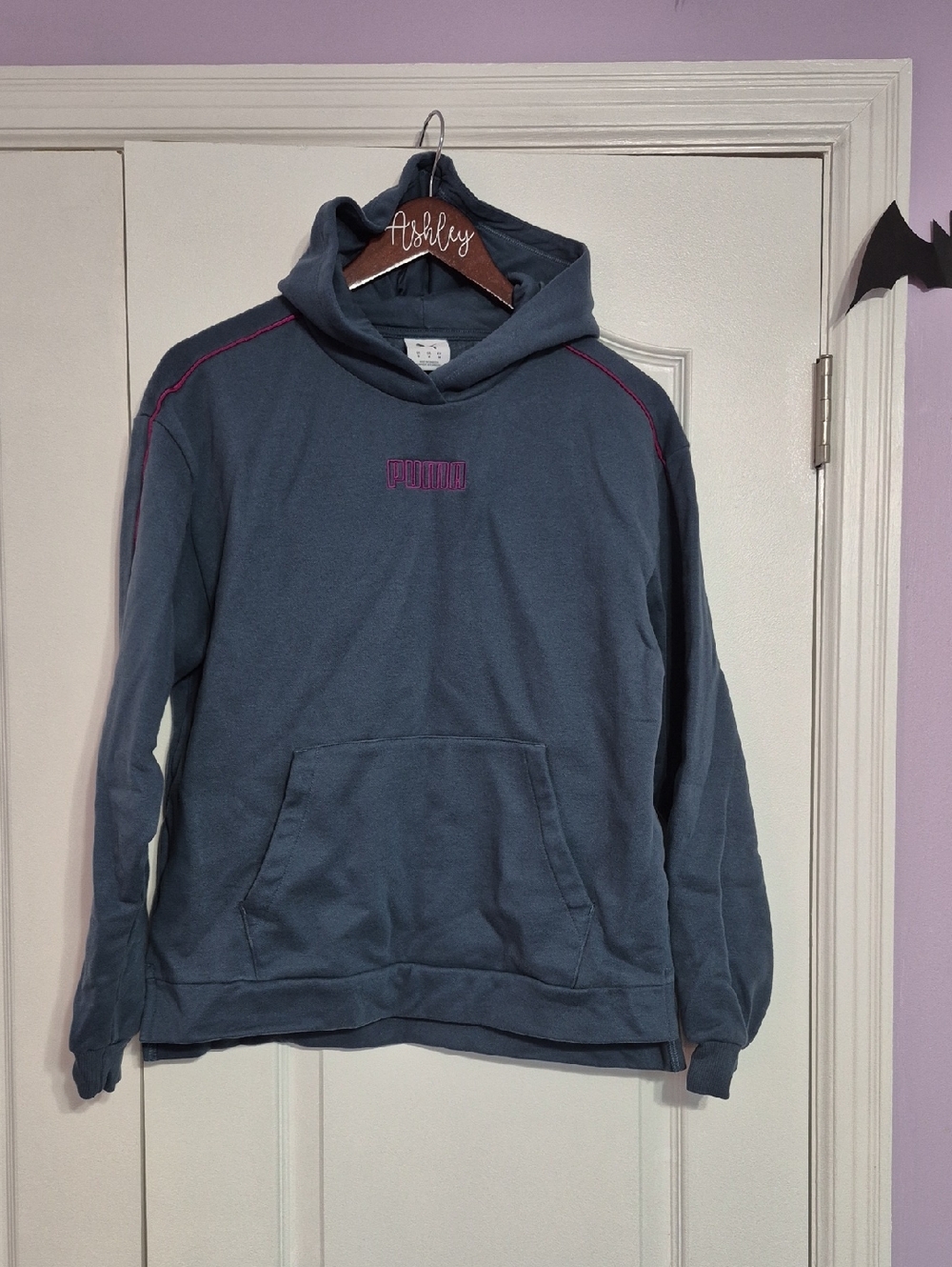 PUMA Slate Blue Hooded Sweatshirt with Pink Stitching